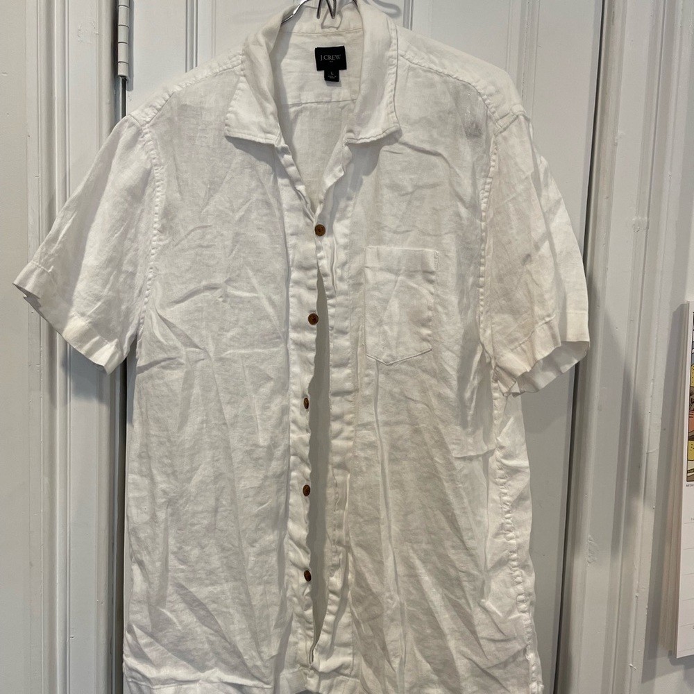 J. Crew White Linen Cotton Short Sleeve Button Camp Shirt L